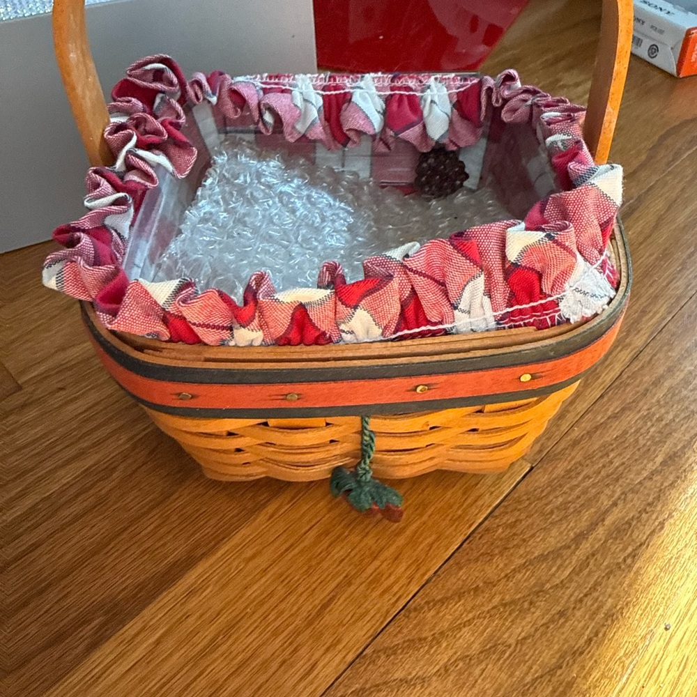 Longaberger strawberry Decorative Woven Basket with Red Ruffle Trim